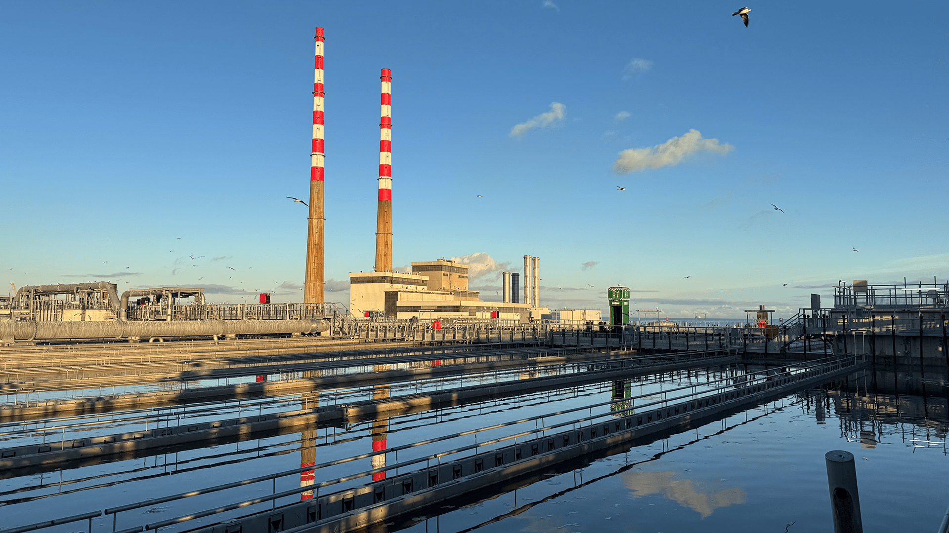Overview of the Ringsend wastewater treatment plant at sundown in Dublin, Ireland