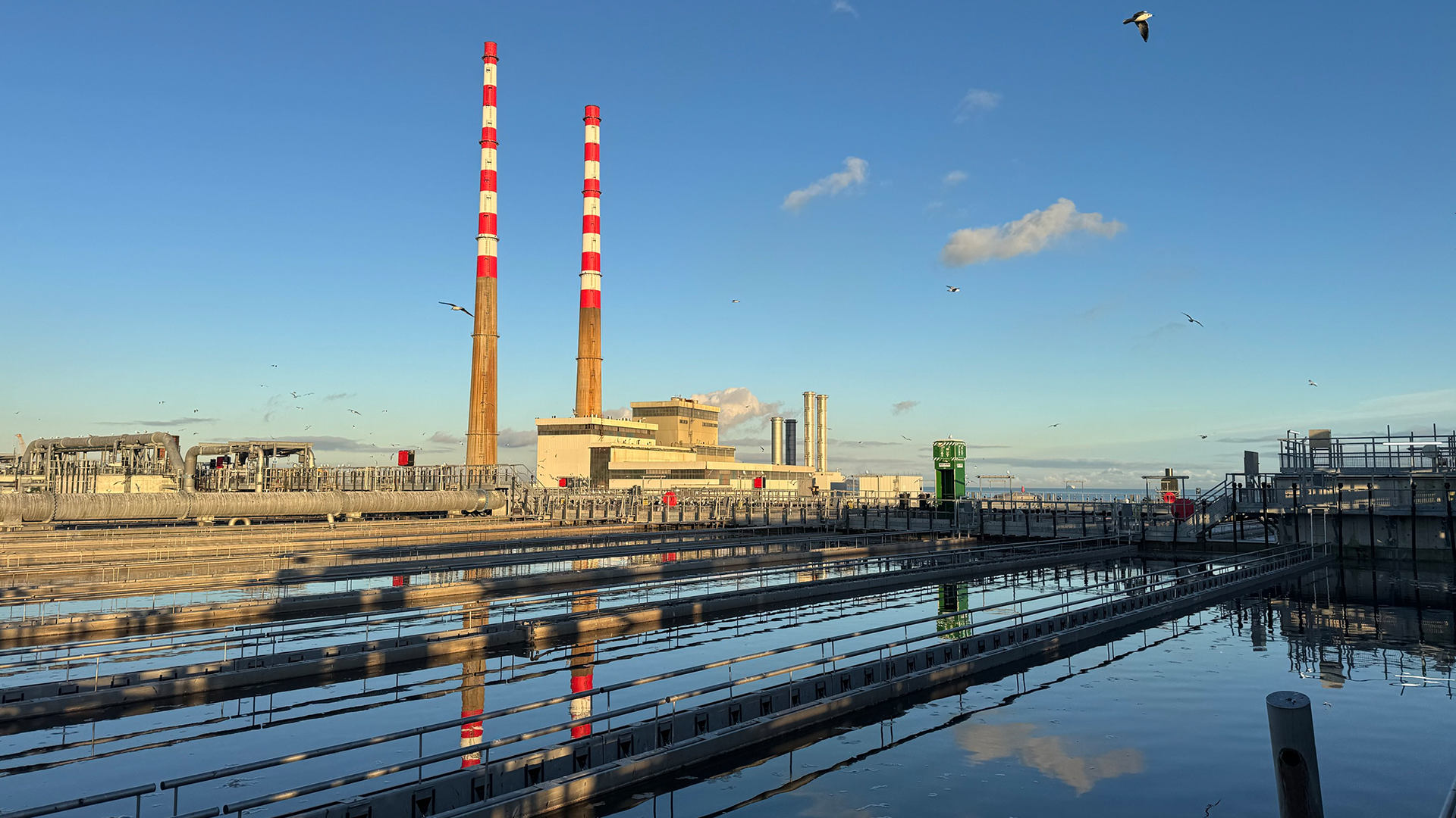 Overview of the Ringsend wastewater treatment plant at sundown in Dublin, Ireland
