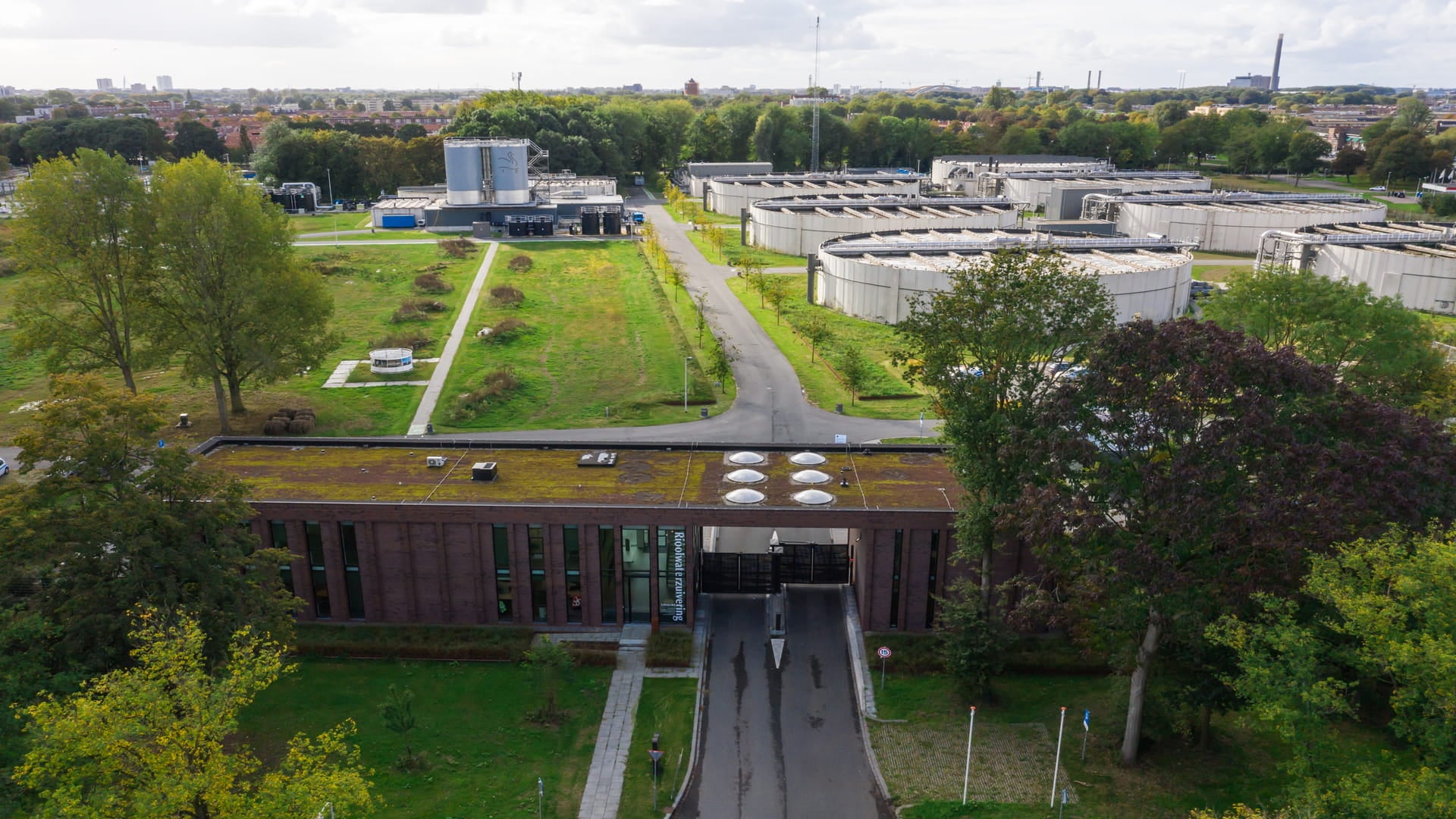 Arial view of an entrance to a water treatment plant